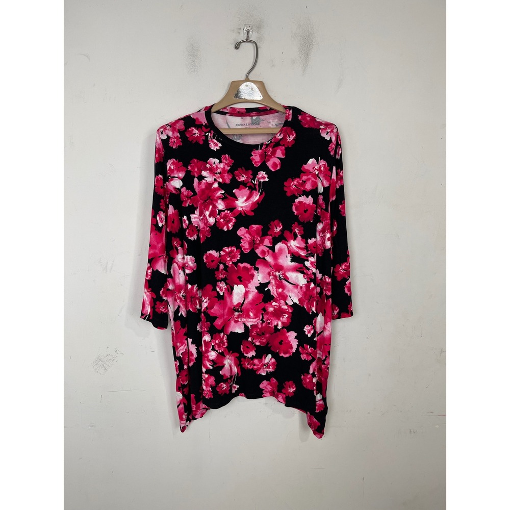 Jessica‎ London Womens Plus Size 22/24 Floral Tunic Top Black Pink 3/4 Sleeve